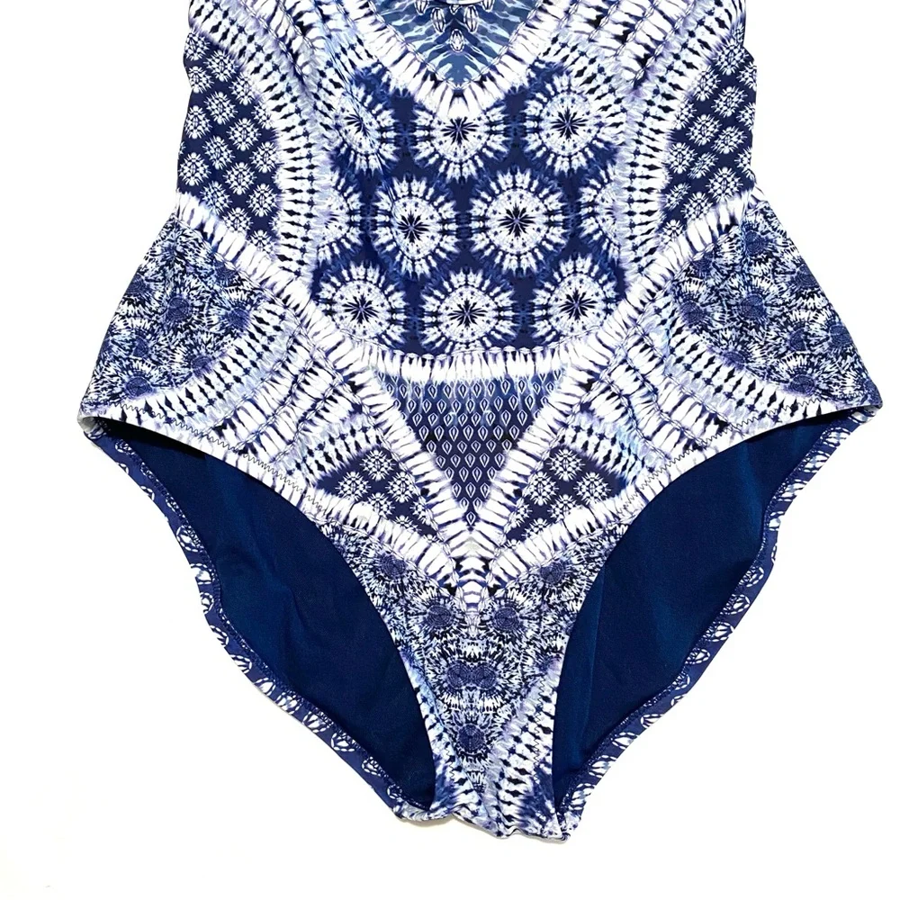 Jessica Simpson Bondi One-Piece Swimsuit Size L Blue & White Tie-Dye Boho - Picture 8 of 15